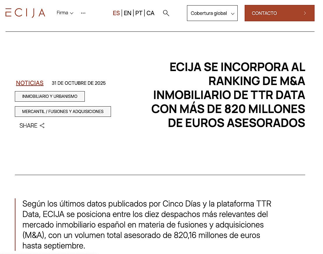 ECIJA se incorpora al ranking de M&A inmobiliario de TTR Data con ms de 820 millones de euros asesorados